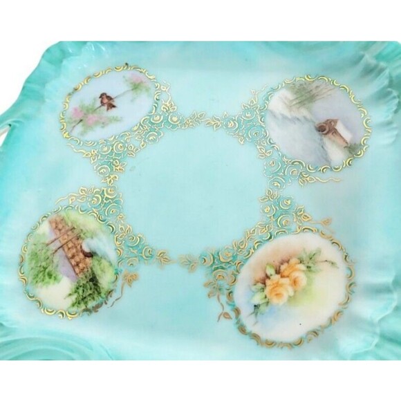 Vintage MCM Hand Painted Gold Victorian Trinket Dish Vanity Tray Signed 9" x 7" - Picture 3 of 7